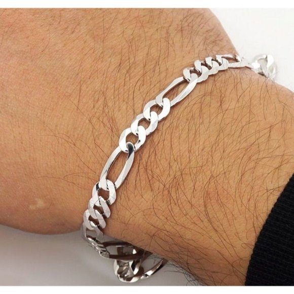 14K White Gold Solid Figaro Bracelet For Men FIPS/14WHBM  Mens 8\